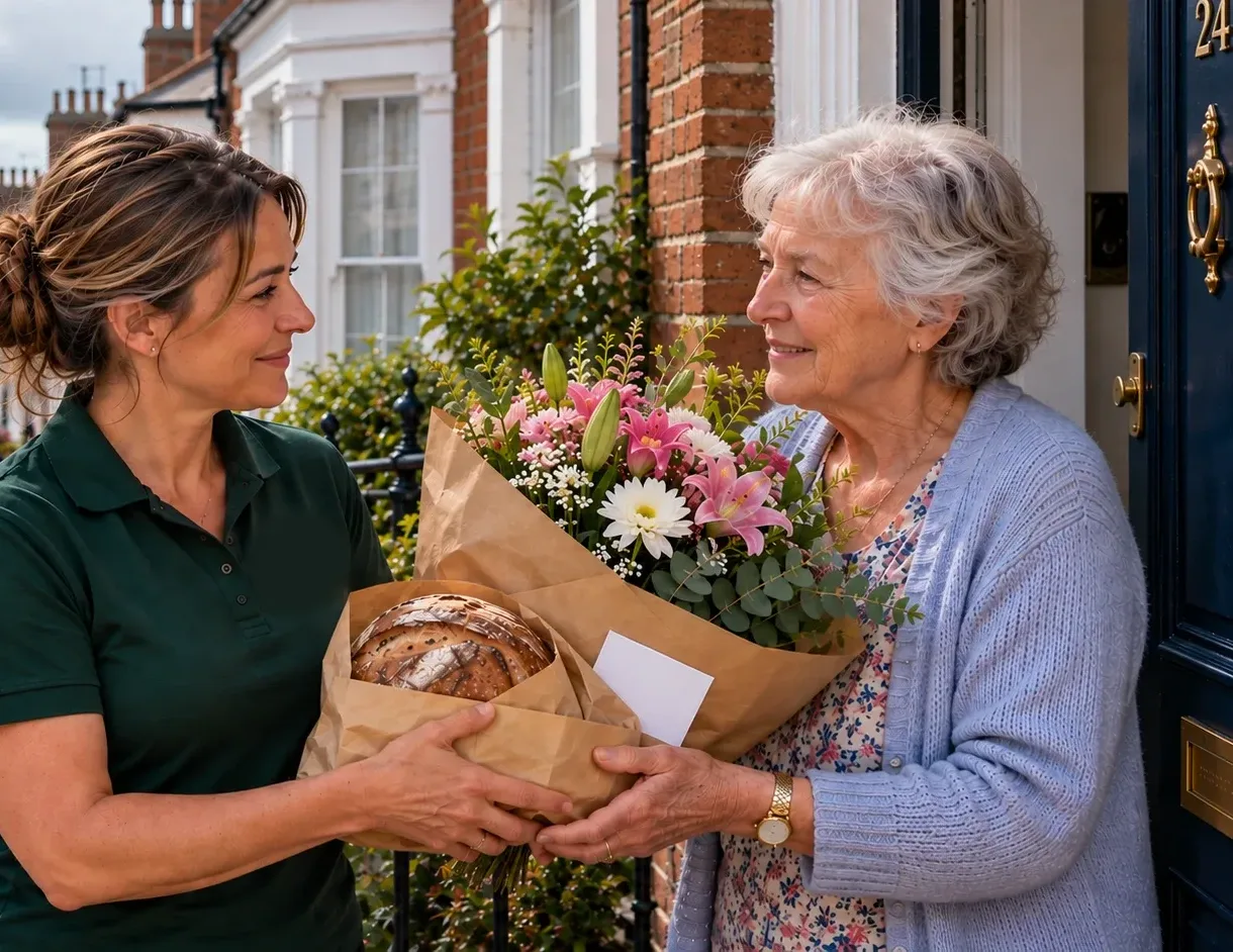 Flowers and fresh bread handed over at a front door.